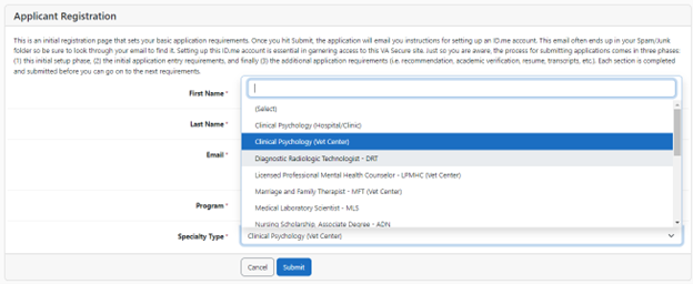 application process with selection of Vet Center specialty